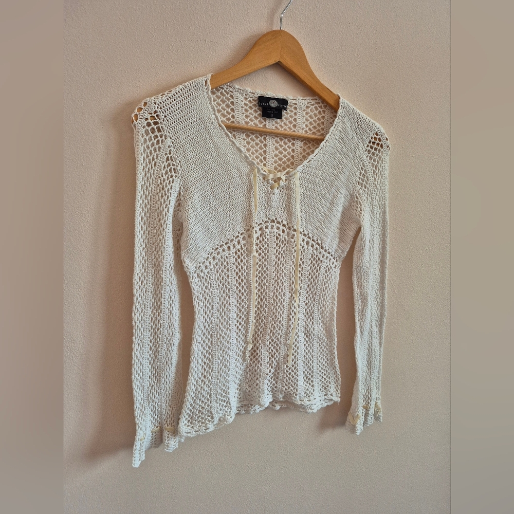 Crochet Long Sleeve Top With 70' Y2K Vibes Cotton And Ramie Size Small
